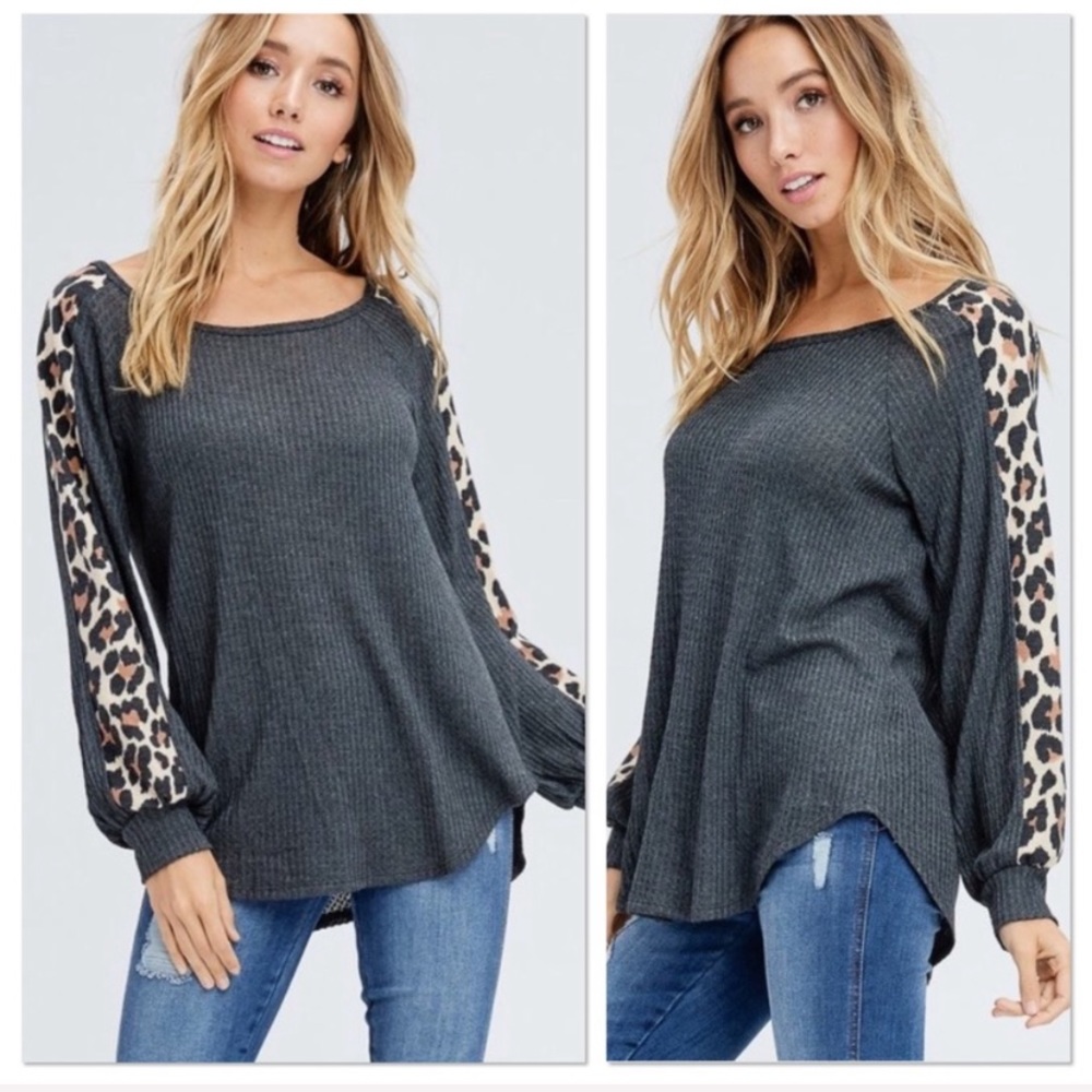 Charcoal Animal Print Puff Sleeve Thermal Top